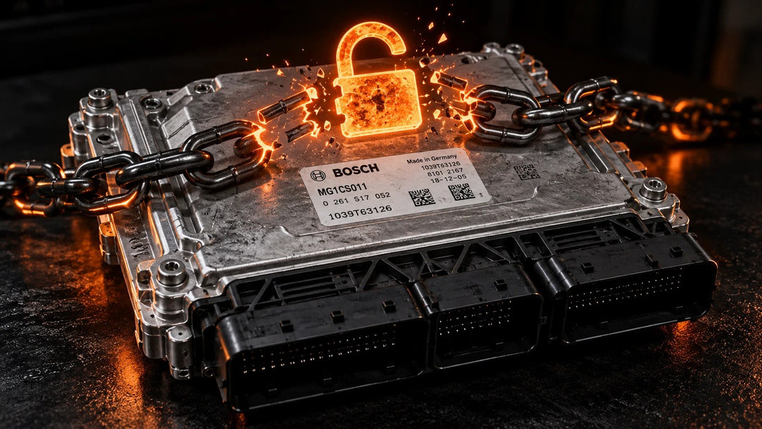 Bosch MG1 engine control unit with heavy chains breaking apart and a glowing unlocked padlock above it.