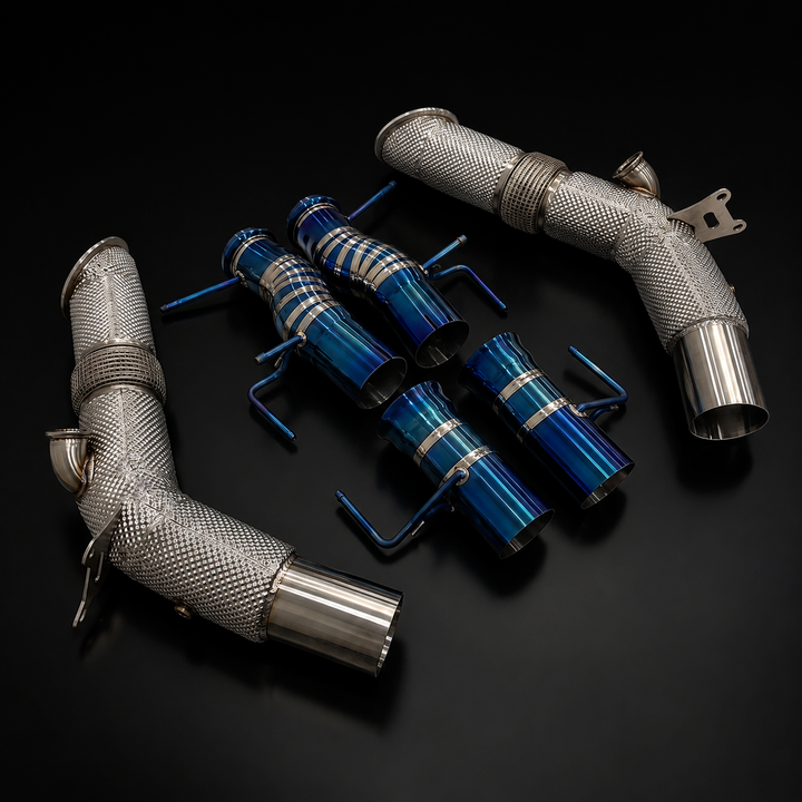 Project Gamma Ferrari SF90 Race Exhaust System – Catless Downpipes + Titanium Exhaust