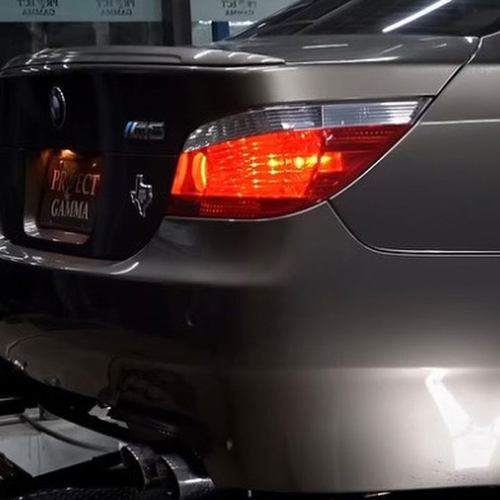 Instagram reel: Rear of a BMW E60 M5 with a Project Gamma plate