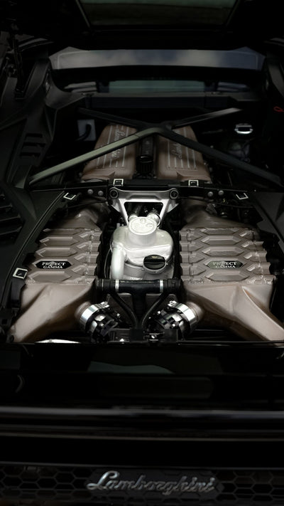Engine bay of a Lamborghini Huracán with the Project Gamma twin turbo kit installed