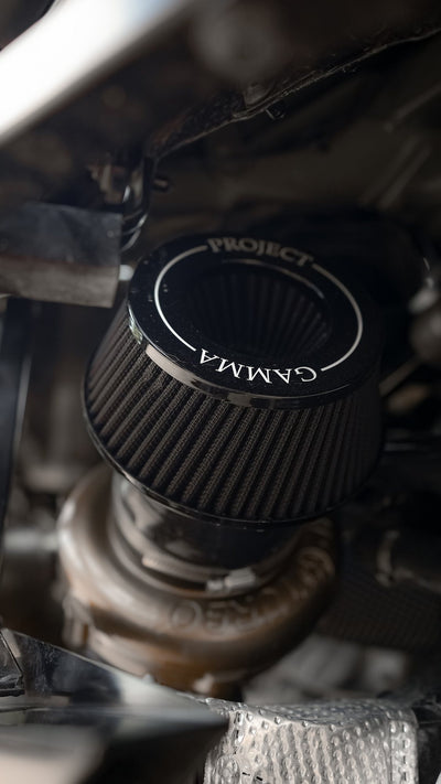 Close-up of a Project Gamma air filter on a Lamborghini Huracán twin turbo kit
